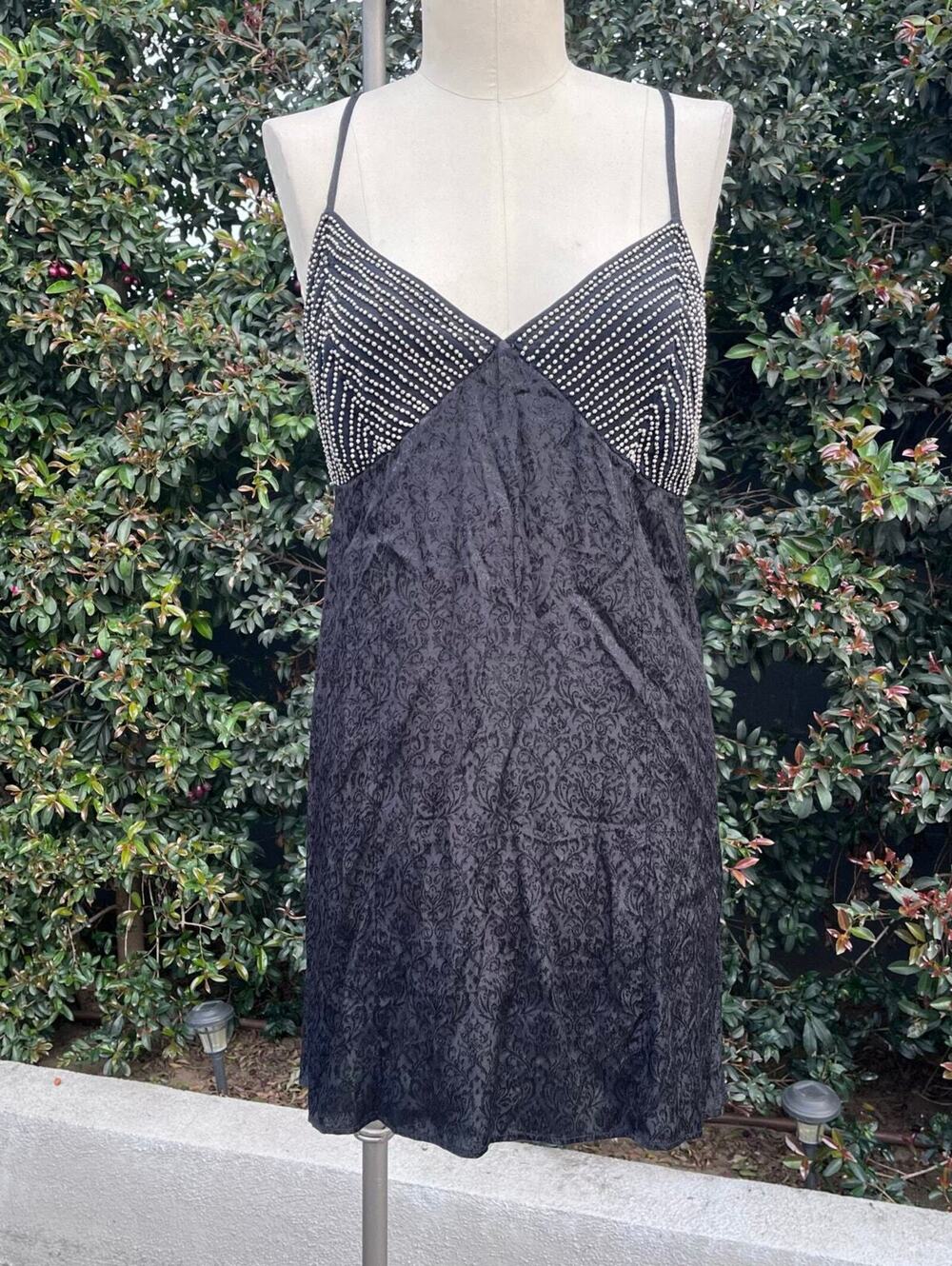 Free People Intimately Slip Dress Glam L Black Textured Dot Bodice Boho Minimal